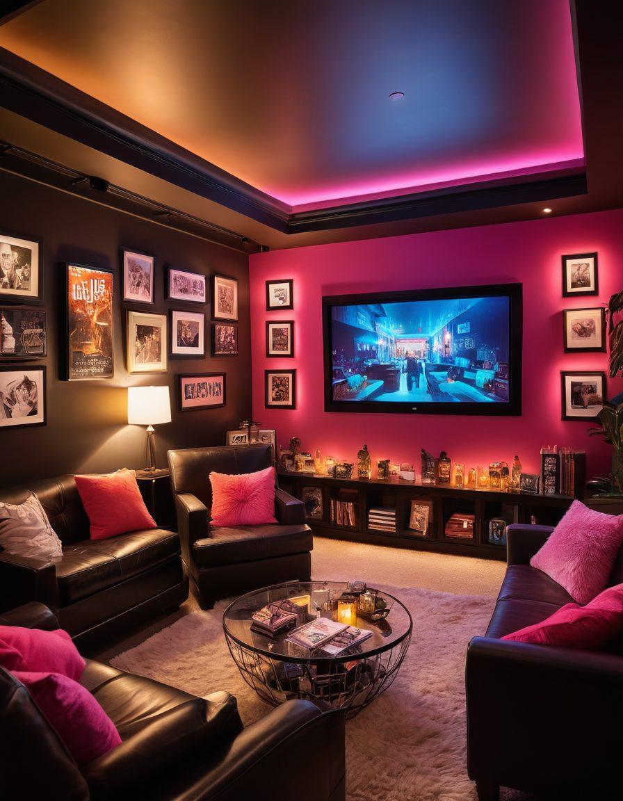 A visually intriguing depiction of an adult film enthusiast's sanctuary, showcasing a cozy room filled with comfortable seating, a large screen displaying dynamic movie clips, and shelves lined with film memorabilia. Add subtle lighting with neon accents, featuring a stylish popcorn bowl and a glass of drink to evoke a relaxed atmosphere. Incorporate tasteful, abstract artwork to maintain elegance while hinting at the adult theme. super-realistic. vibrant colors. cozy ambiance.